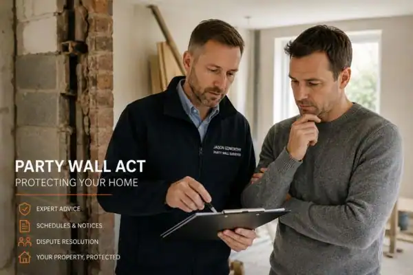 Party wall surveyor Bamber Bridge discussing extension plans with homeowner outside a UK semi-detached house.